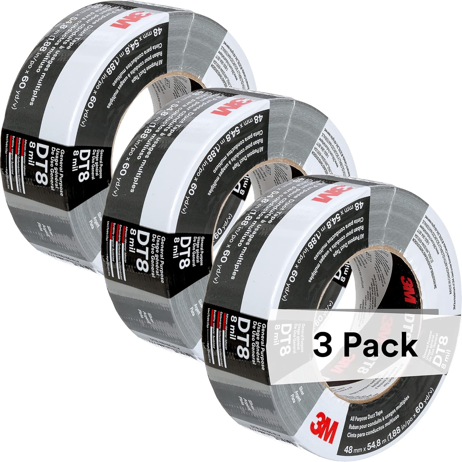 3M Duct Tape DT8, 3 Pack, Industrial Strength, Multi-Use, Silver color tape, 1.88" x 60 yd, Tear by Hand, Professional Grade Adhesive, Perfect for HVAC, Bundling, Moisture Proofing, and Reinforcin