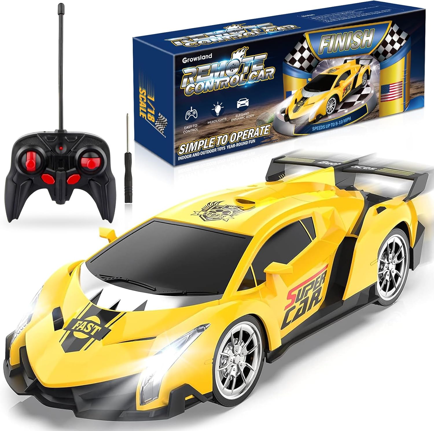 Growsland Remote Control Car, RC Cars for Kids 1:18 Electric Toy Car Hobby Racing Car Toys with Lights &amp; Controller, Christmas Birthday Gift for 3 4 5 6 7 8 9 Year Old Boys Girls