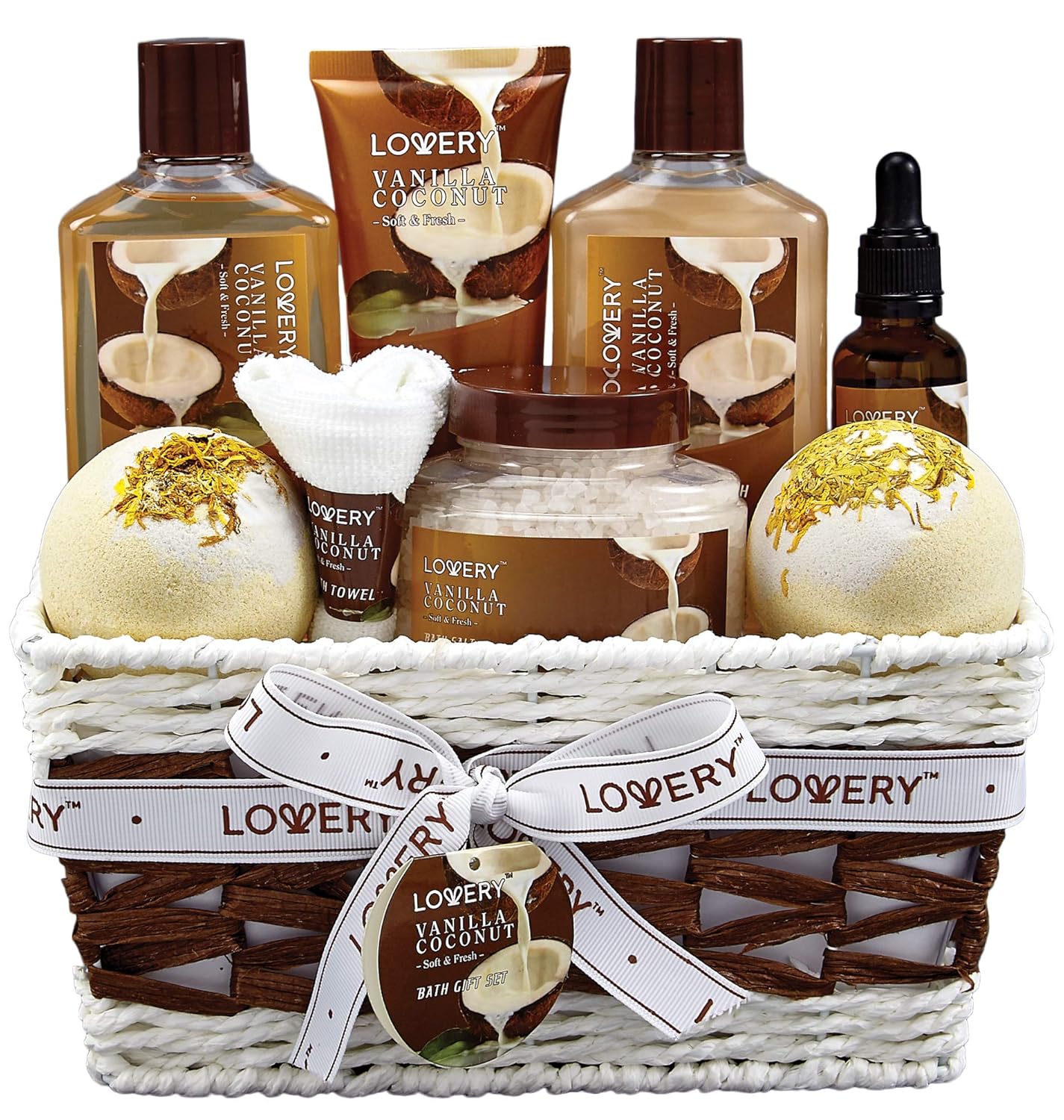 Gifts For Women Gift Basket for Women\u2013 9 Piece Set of Vanilla Coconut Home Spa Set, Luxurious Gifts for Her, Bath and Body Sets Includes Fragrant Lotions, Large Bath Bombs, Coconut Oil