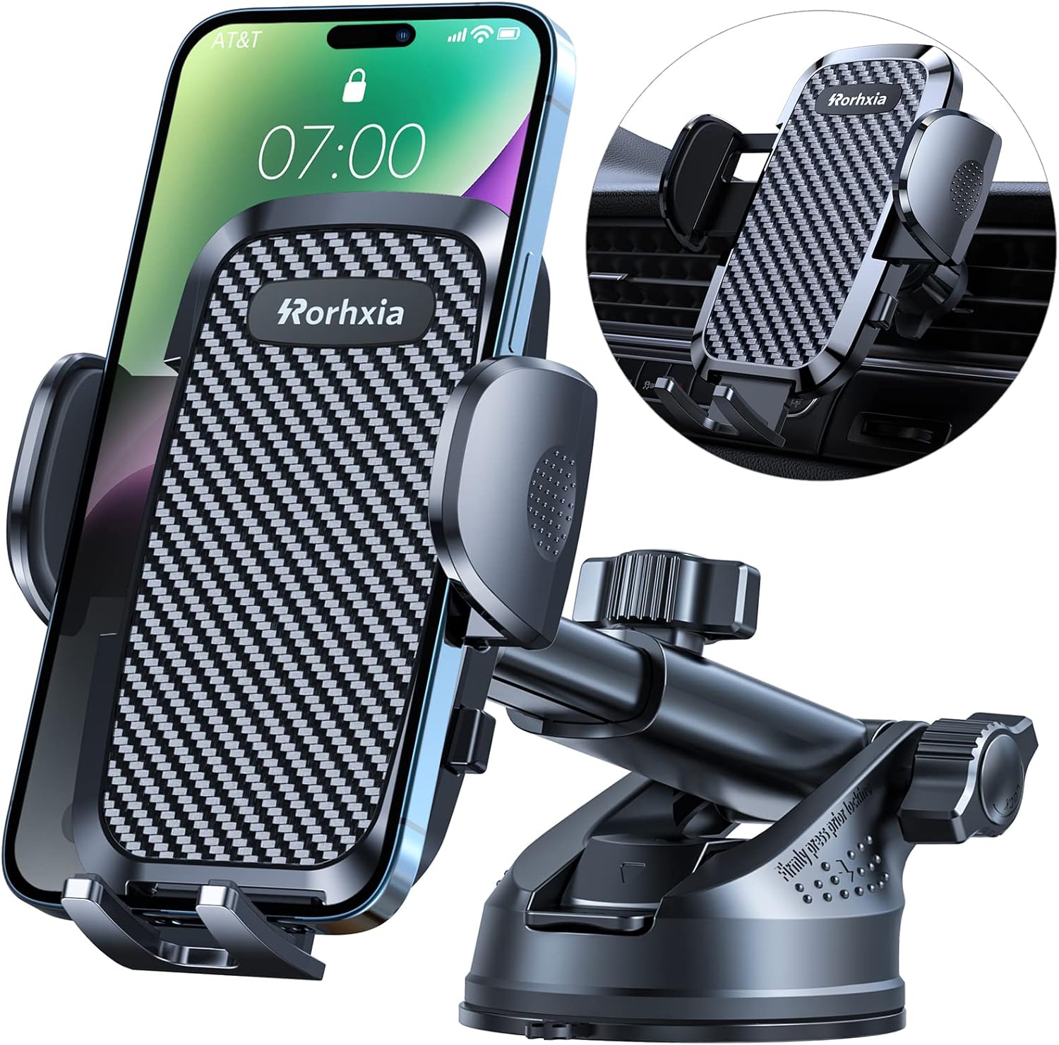 Rorhxia 3-in-1 Phone Mount for Car [2025 Most Stable and Flexible Suction Cup] Vent Dashboard Windshield Cell Phone Holder Car Fit for iPhone, Samsung, All Phone