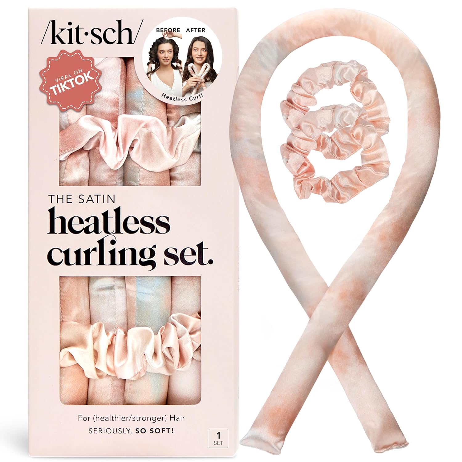 Kitsch Satin Heatless Curlers Set \u2013 Heatless Curls Overnight with 34" Hair Curler &amp; 2 Satin Scrunchies \u2013 Comfortable Hair Curlers to Sleep In for Frizz-Free, No Heat Damage Styling -