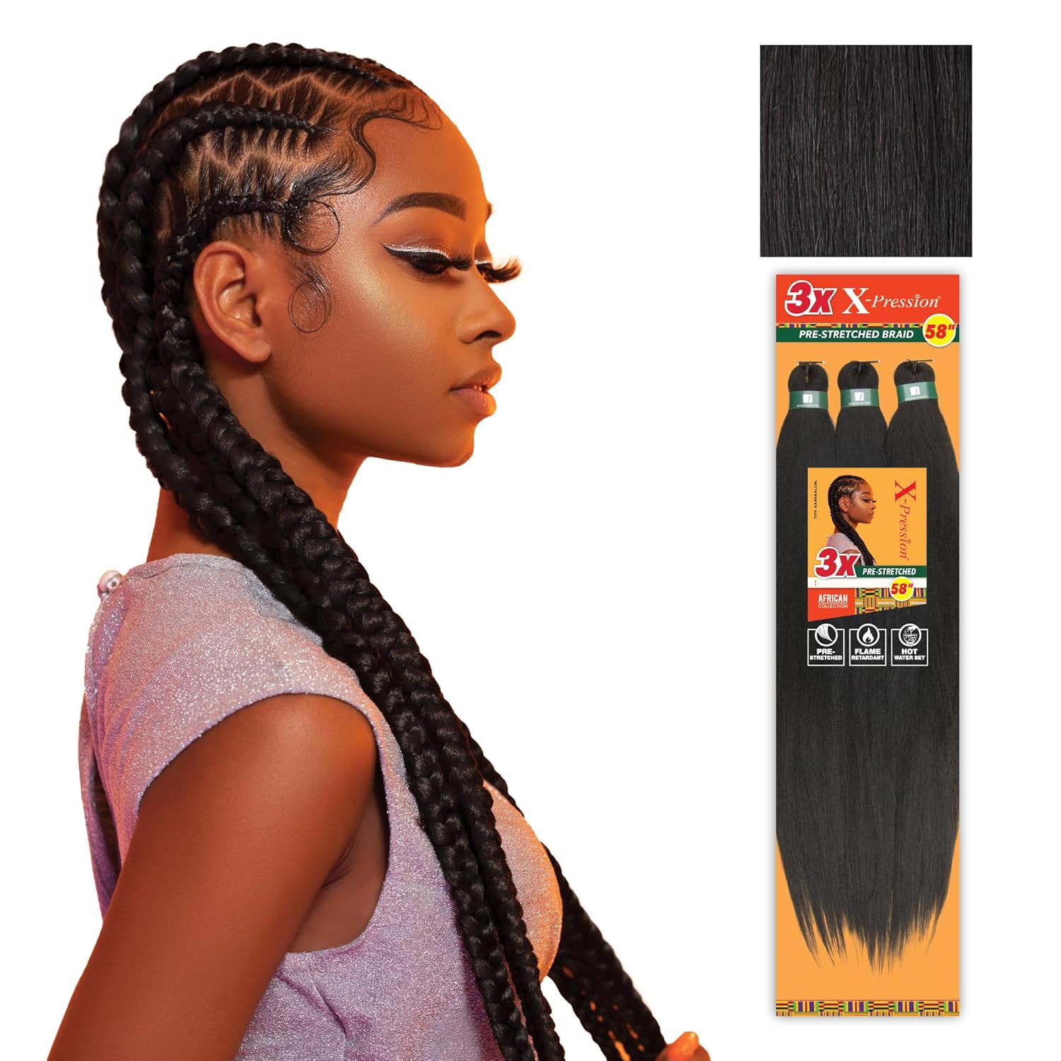 Sensationnel X-pression prestretched braiding hair - 3x braid 58 inch all kanekalon flame retardant synthetic braid for box braids and twists (5 pack, 1B OFFBLACK)