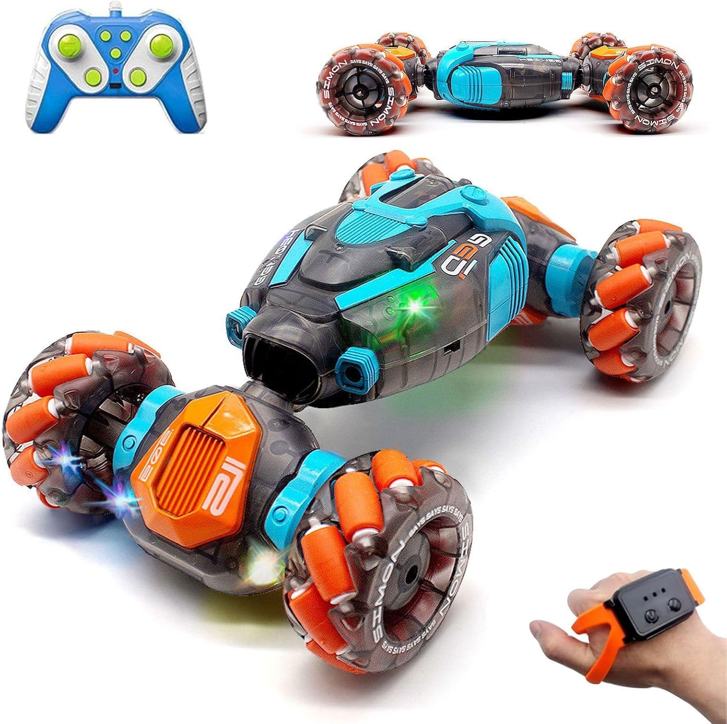 RECO TOYS Gesture Sensing RC Stunt Car 4WD Hand Controlled Rc Car for Kids Ages 6-13 Remote Control Toys Torsion Drift Stunt Cars with Lights &amp; Music, Cool Birthday Gift for Boys Girls (Blue\/Oran