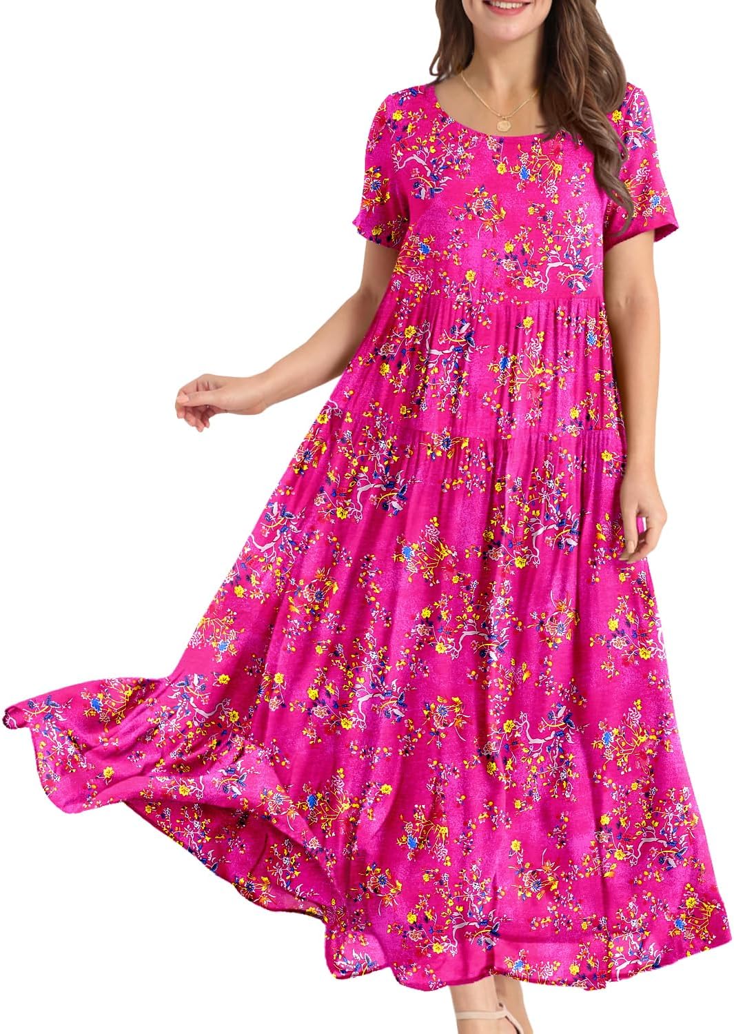 YESNO Women Casual Loose Bohemian Floral Dress with Pockets Short Sleeve Long Maxi Summer Beach Swing Dress EJF