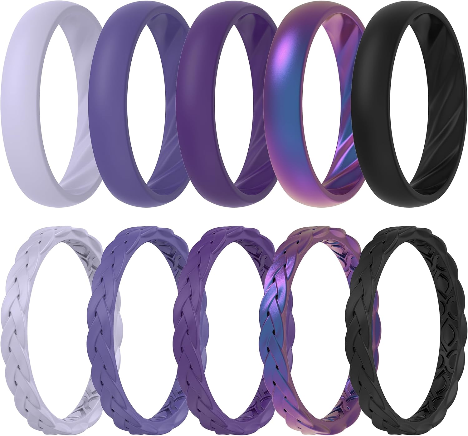 ThunderFit Silicone Rings for Her - Mix Women's Silicone Wedding Rings, 1.8mm Thick Rubber Engagement Rings Braided &amp; 4mm Classic Rings Combo