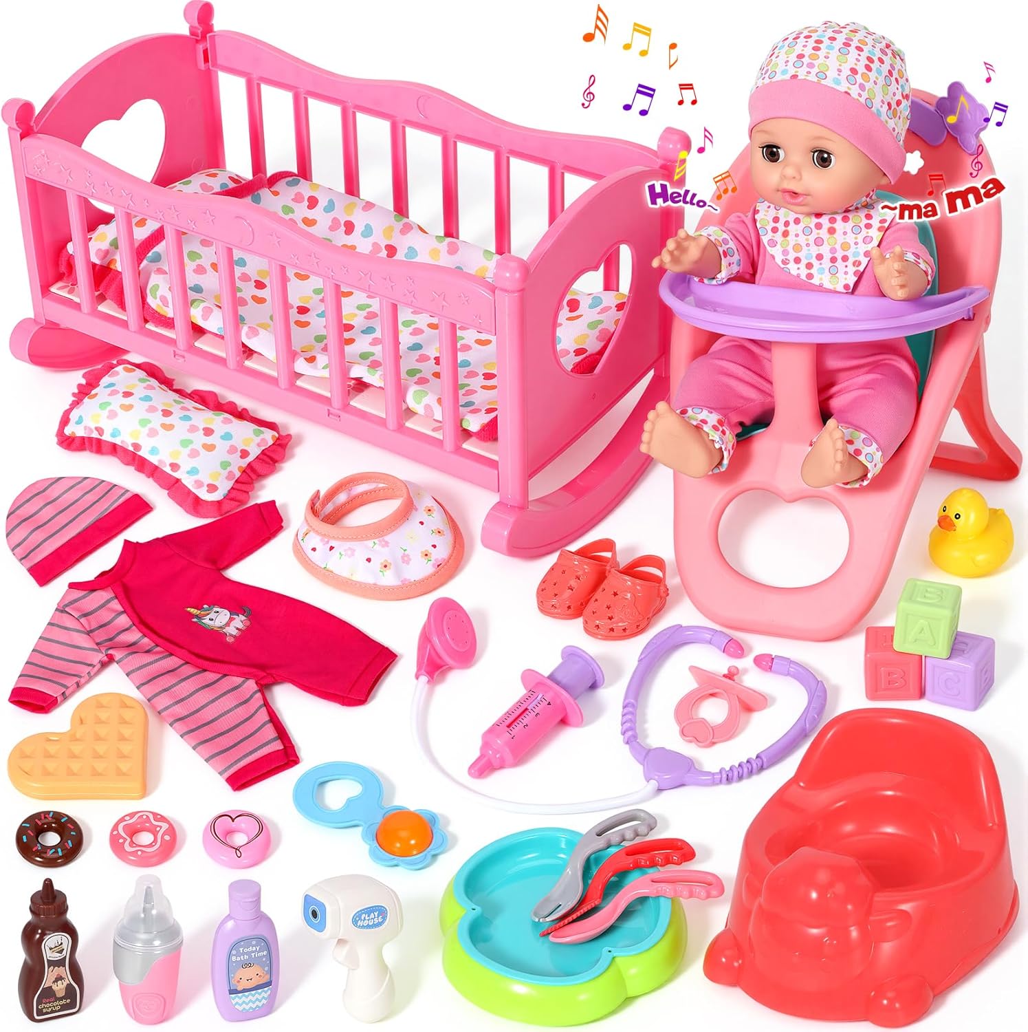 DRAMATION 12'' Interactive Baby Doll Set with Crib and High Chair, 32 PCS Baby Doll Toys Make 12 Sounds with Baby Doll Accessories, Doll Playset Toddler Girl Toys Birthday Gifts for 3 4 5 Year