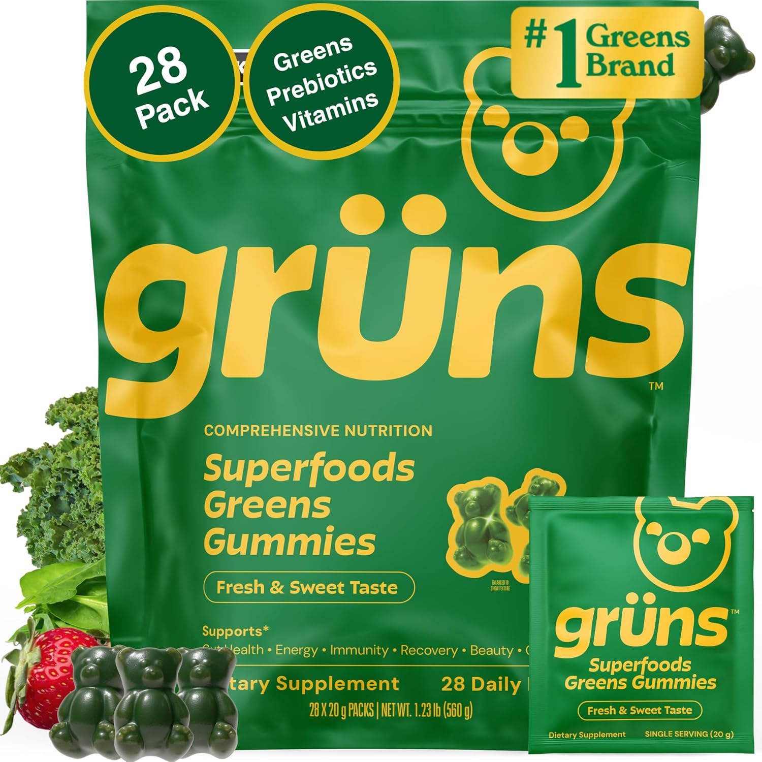 Gruns Adult Super Greens Multivitamin Gummies, Superfood Gummy Vitamins for Women and Men with Spirulina, Chlorella, Adaptogens &amp; Prebiotic Fiber for Digestive Health (28 Count)