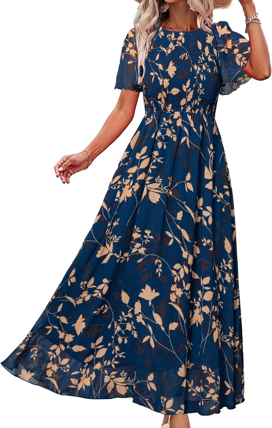 Simplee Womens Summer Floral Summer Maxi Dresses Boho Flowy Flutter Short Sleeve Crew Neck Vacation Smocked Chiffon Dress