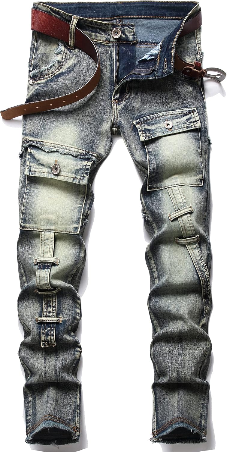 XIMXIMMTIAN Men's Biker Moto Washed Distressed Slim Fit Straight Jeans Denim