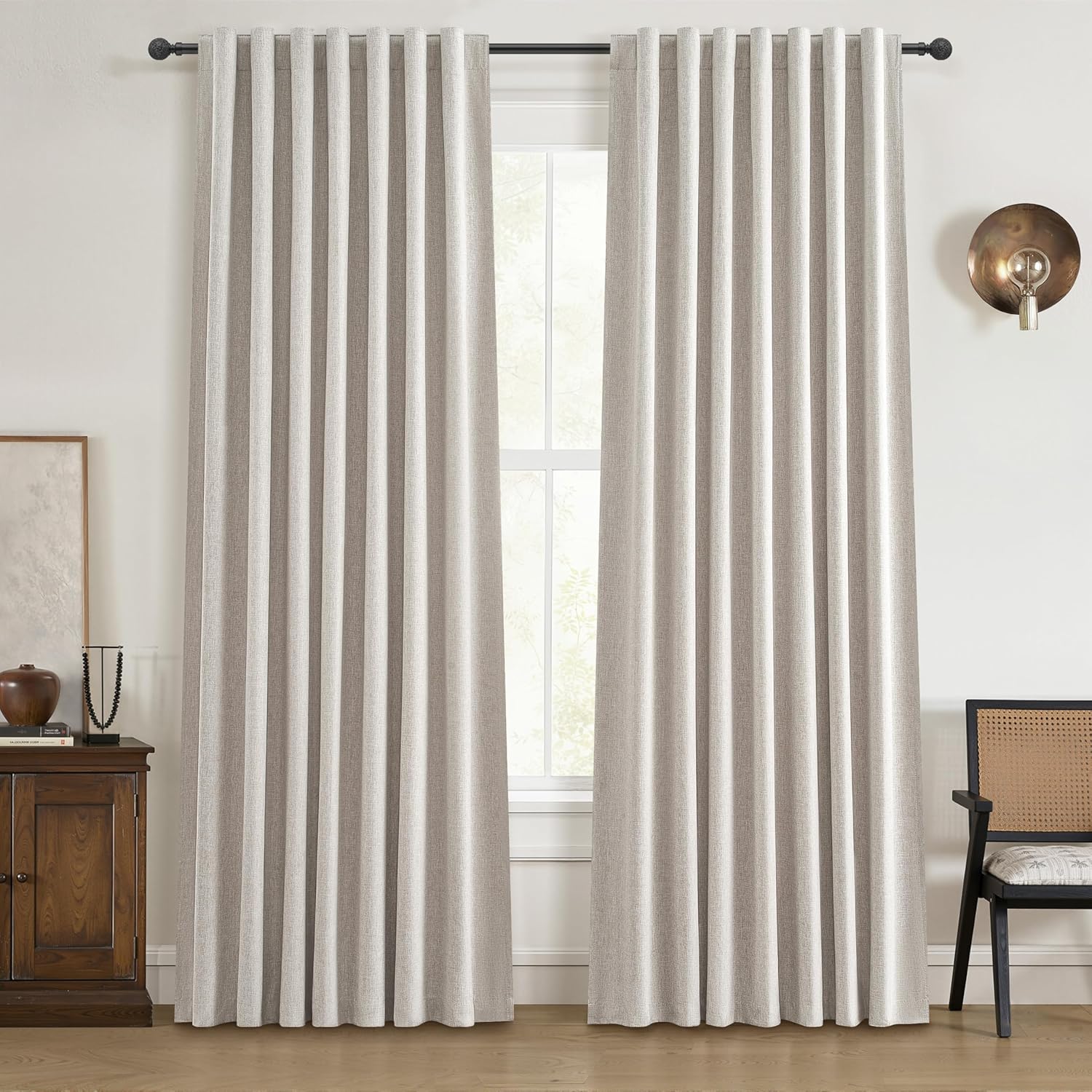100% Blackout Curtains 84 Inch Length 2 Panels Set Farmhouse Style for Bedroom Windows\/Living Room Thermal Insulated Neutral Boho Drapes Linen Blend Natural Ivory 7ft Long Hook Belt Pleated\/Back Tab