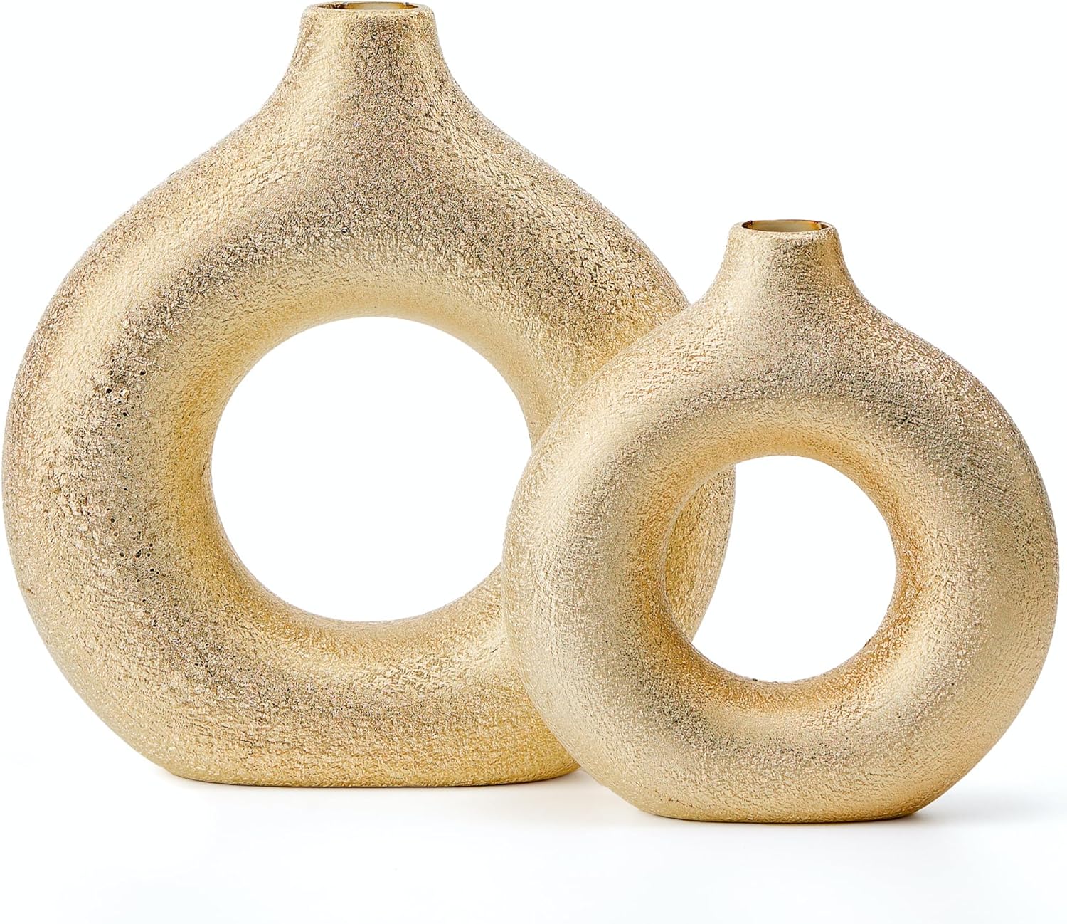Modern Donut-Shaped Decorative Vases, Handmade Minimalist Boho ins Style, Modern Vase for Home Decor for Wedding Dinner Table Party Living Room Office Bedroom (Gold, Large + Small)