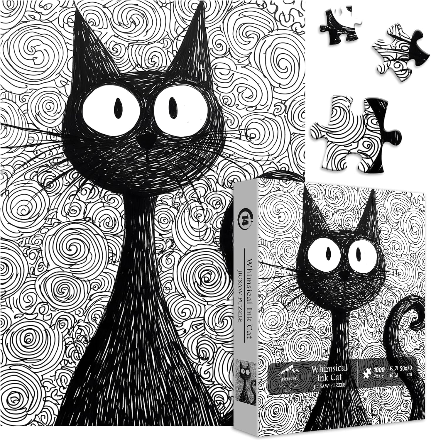 Black Cat Puzzle for Adults 1000 Pieces, Whimsical Cat Jigsaw Puzzle Ink Art, Impossible Challenging Black and White Puzzles, Hard Difficult Puzzles