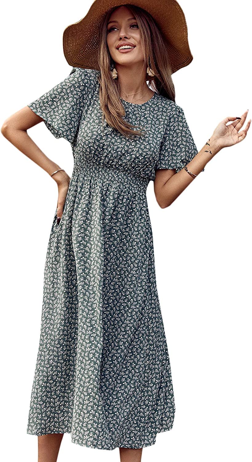 Women's Boho Ditsy Floral Short Sleeve A Line Flared Midi Dress