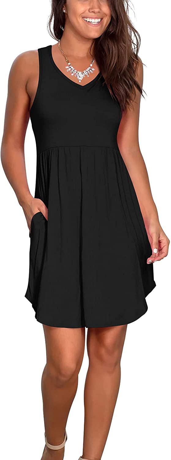 Casual Summer T Shirt Dress for Women V Neck Swing Elastic Tunic Short Sundress with Pockets