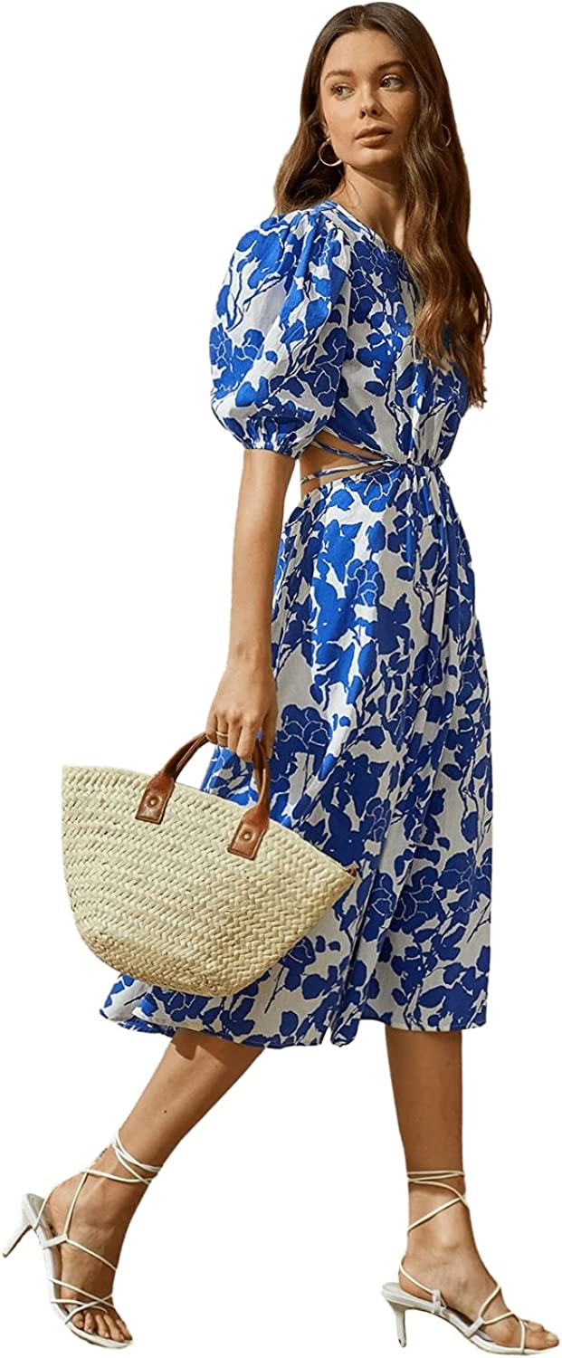Women's Boho Floral Puff Sleeve Cut Out Dress Tie Back A Line Midi Dresses