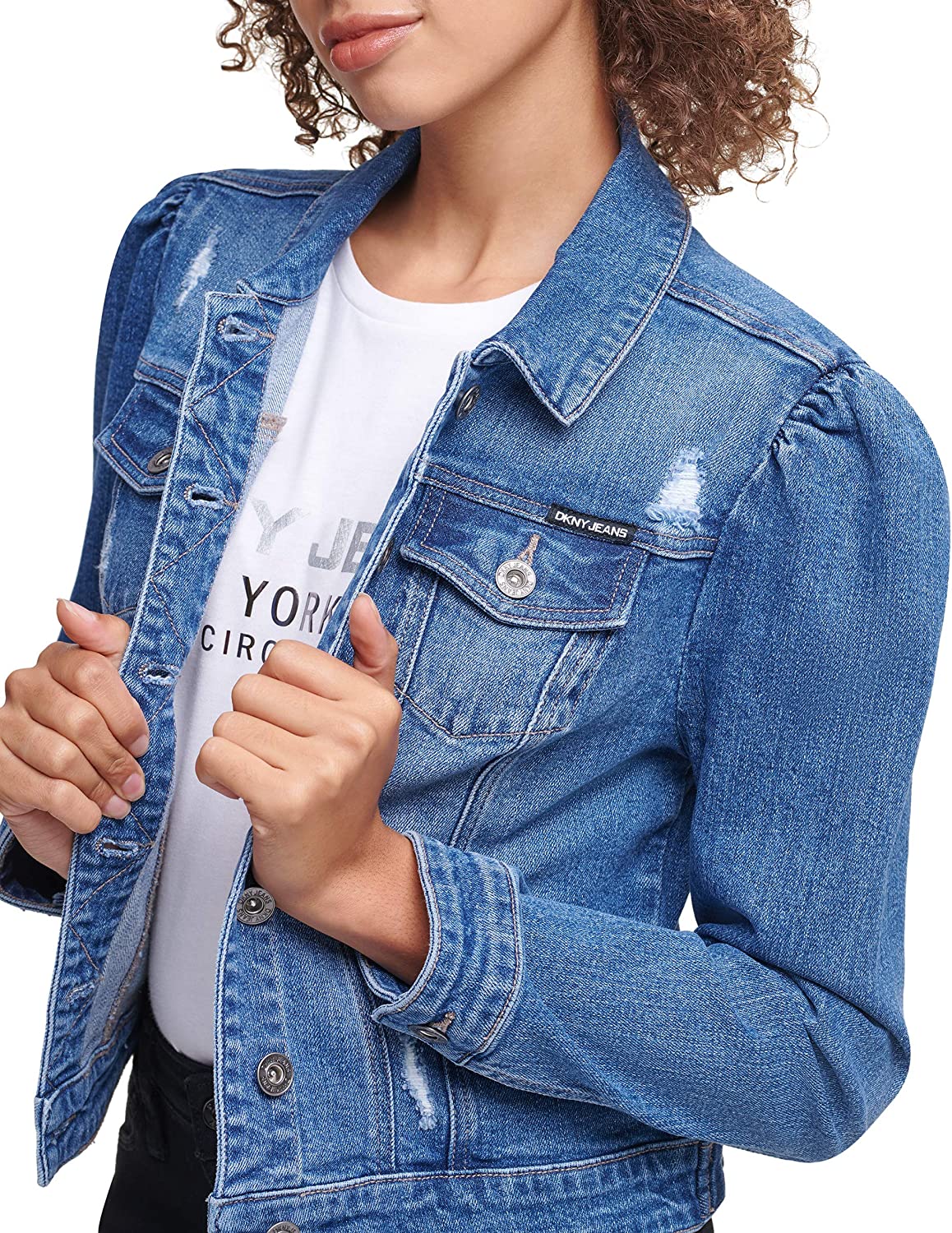 DKNY Women's Puff Sleeve Denim Trucker Jacket