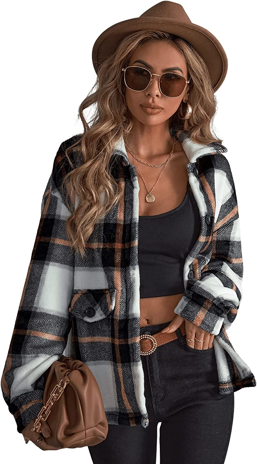 SOLY HUX Women's Plaid Flannel Long Sleeve Button Down Casual Jacket Coats