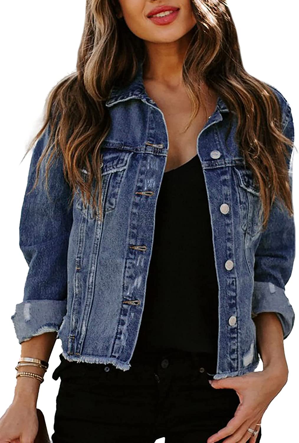 Sidefeel Women Long Sleeve Button Denim Jacket Distressed Ripped Jean Coat