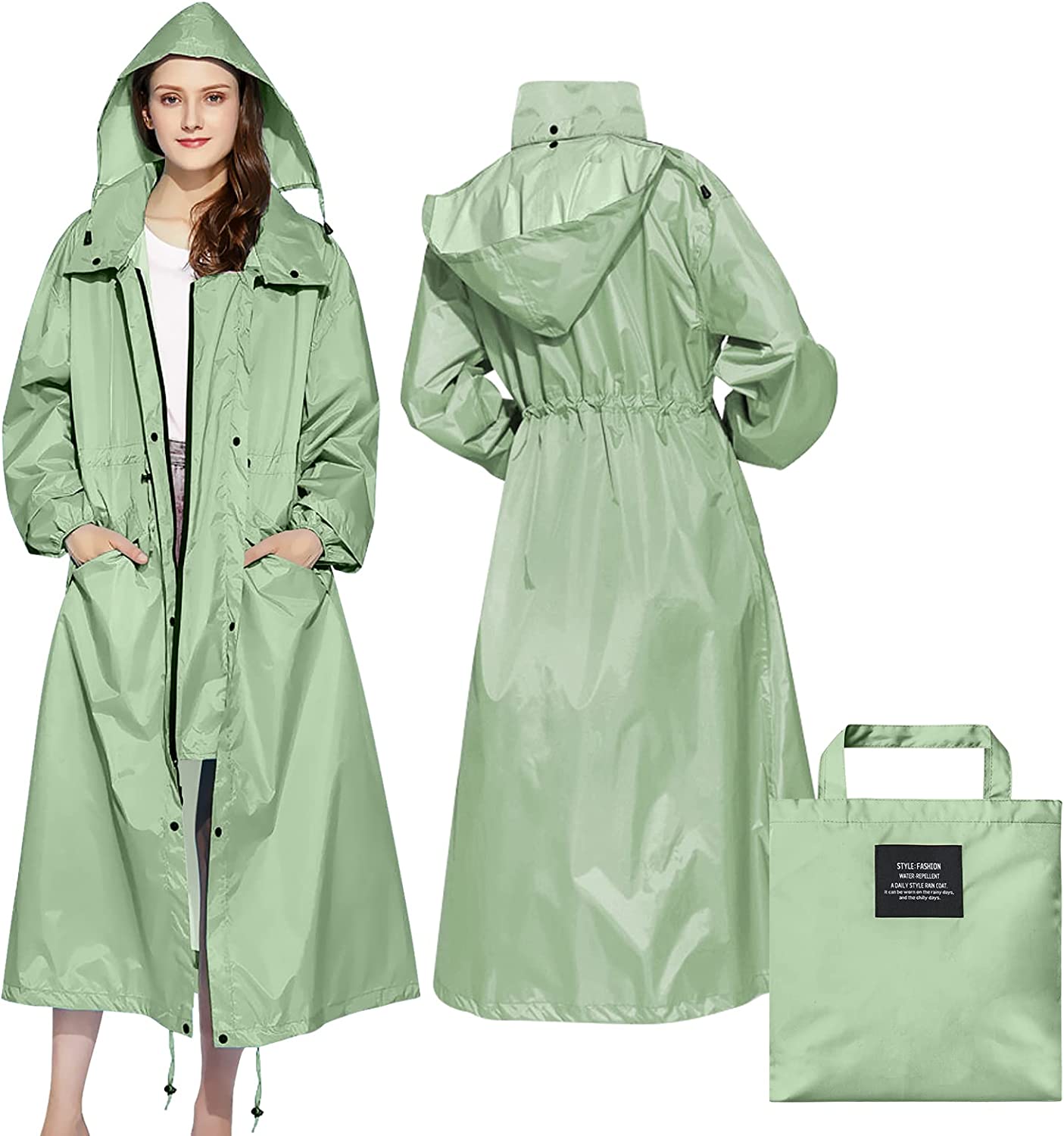 Womens Long Raincoats Rain Jacket Waterproof Packable Outdoor Hooded Windbreaker Lightweight Adjustable Waist for Outdoors