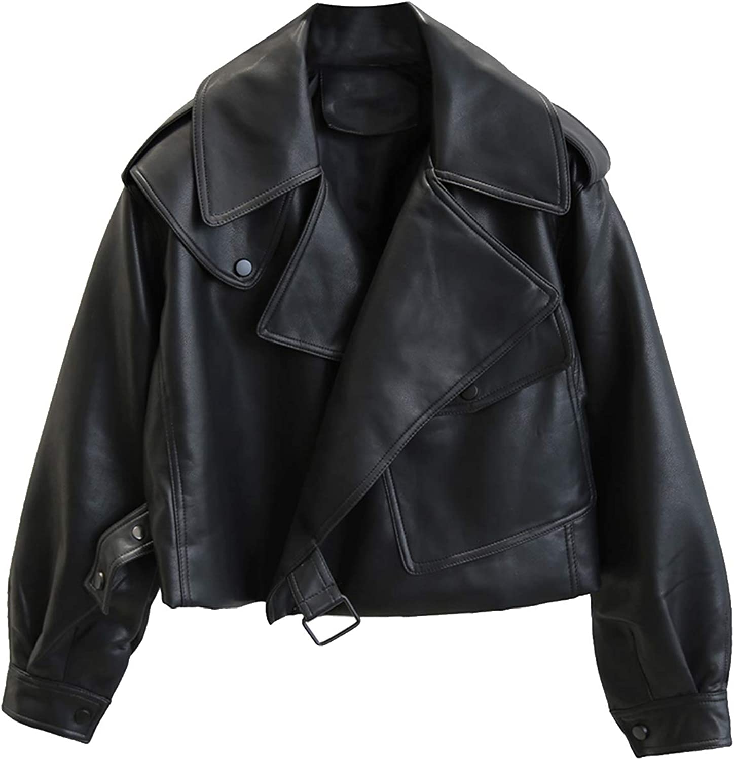 Women Black Faux Leather Jackets Casual Short Oversized Coat Asymmetrical Motor Biker Jacket