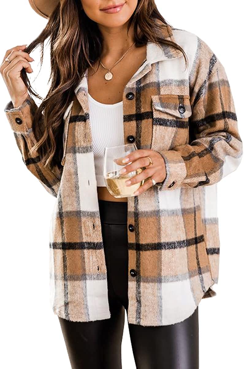 Blansdi Women’s Casual Plaid Flannel Shacket Jacket Oversized Button Down Long Sleeve Fall Shirt Jacket Coat Tops