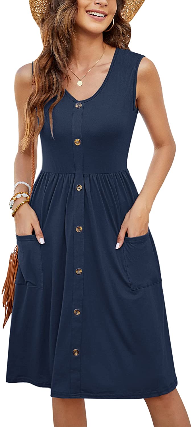 Women Summer Dresses Sleeveless Casual Loose Swing Button Down Midi Dress with Pockets