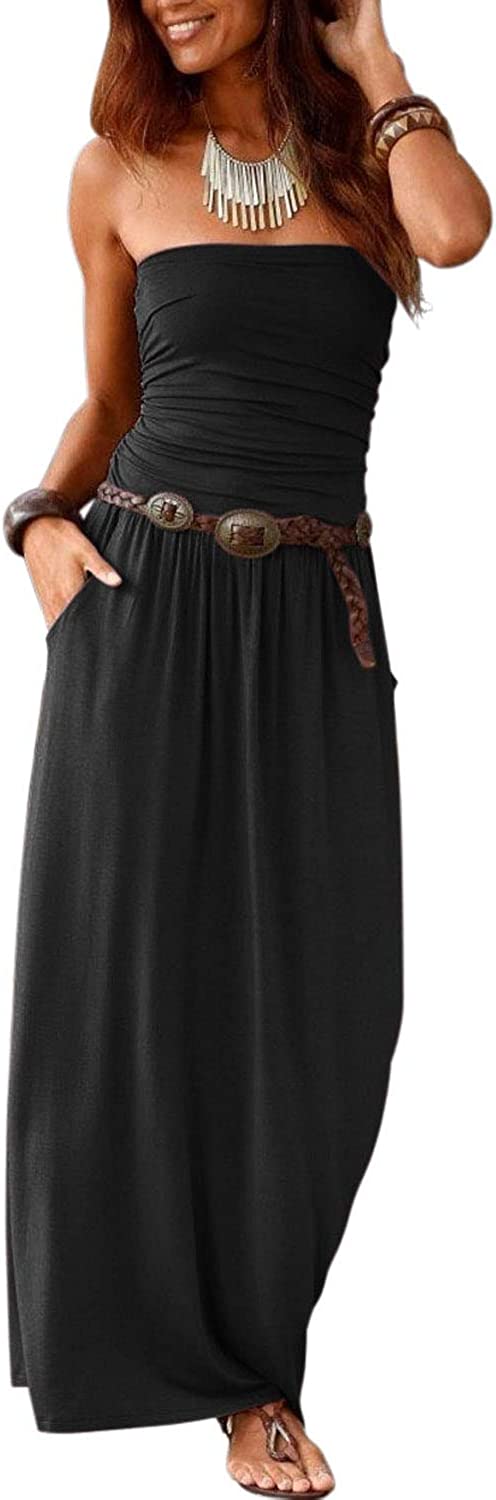 Women’s Strapless Bandeau Summer Long Floral Dress Off Shoulder Beach Maxi Dress with Pockets