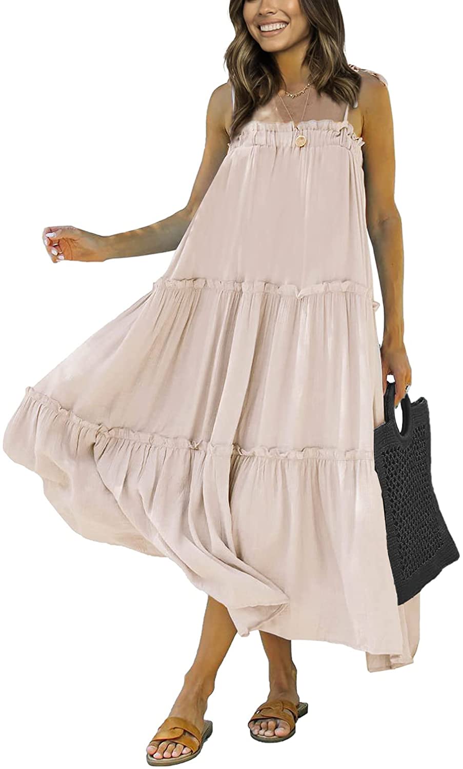 Women's Summer Adjustable Spaghetti Strap Sleeveless Dresses Casual Loose Tiered Ruffle Cami Beach Long Maxi Dress