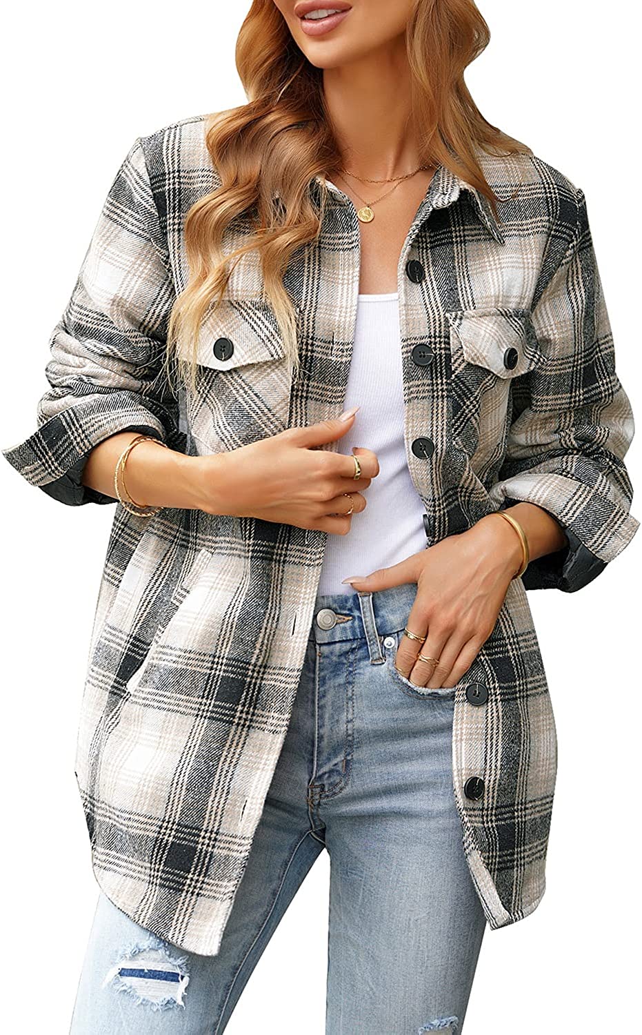 GRAPENT Women's Oversized Plaid Button Down Shirt Quilted Lined Shacket Jacket