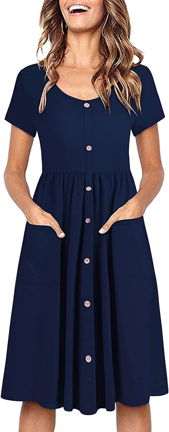 Women's V Neck Button Down Skater Dress with Pockets