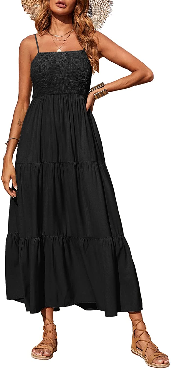 Women's Summer Maxi Dress Casual Boho Sleeveless Spaghetti Strap Smocked Tiered Long Beach Sun Dresses