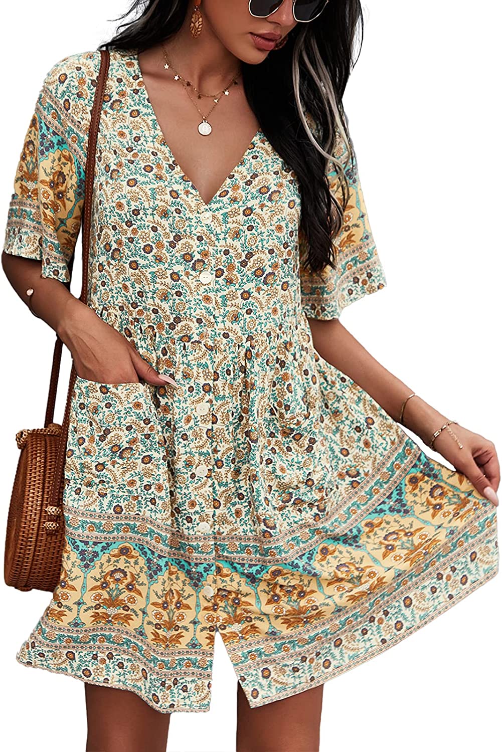Women's Dress Bohemian Summer Floral Printed Button Down Mini V Neck Short Sleeve Casual Dresses with Pockets