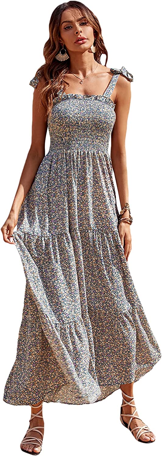 Women's Summer Boho Floral Print Tie Strap A Line Long Maxi Dress