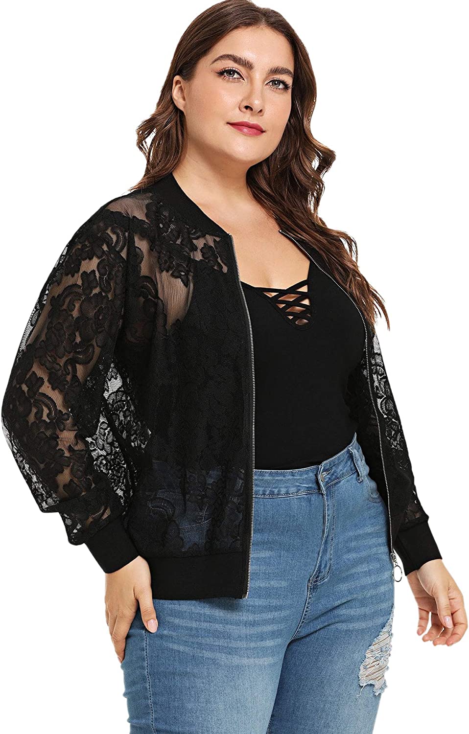 Floerns Women's Plus Size Sheer Floral Lace Long Sleeve Baseball Jacket