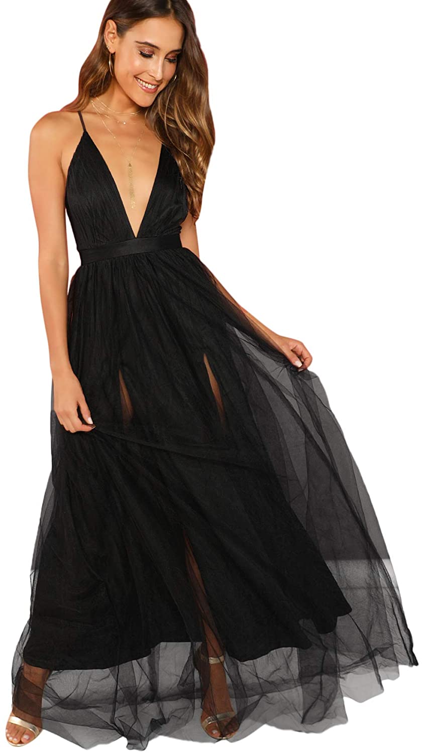 Women's Plunging Neck Spaghetti Strap Maxi Cocktail Party Dress