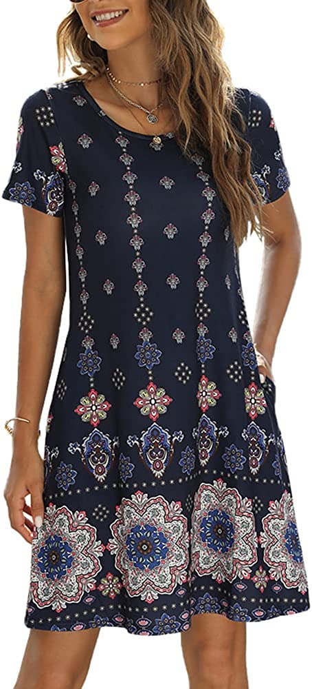 Womens Summer Floral Print Sleeveless Sundress/Short Sleeve Pockets Casual Loose Swing T-Shirt Dress