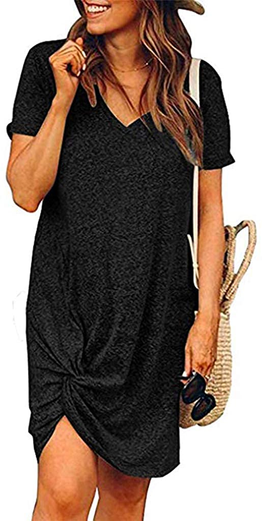 Women's Summer Twist Knot Tshirt Dresses Casual V Neck Short Sleeve Knot Dress