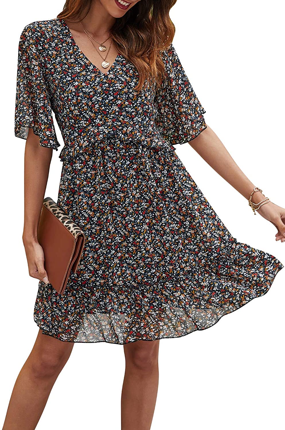 Women's Summer Floral Print V Neck Casual Mini Boho Ruffle Swing Dress MY068