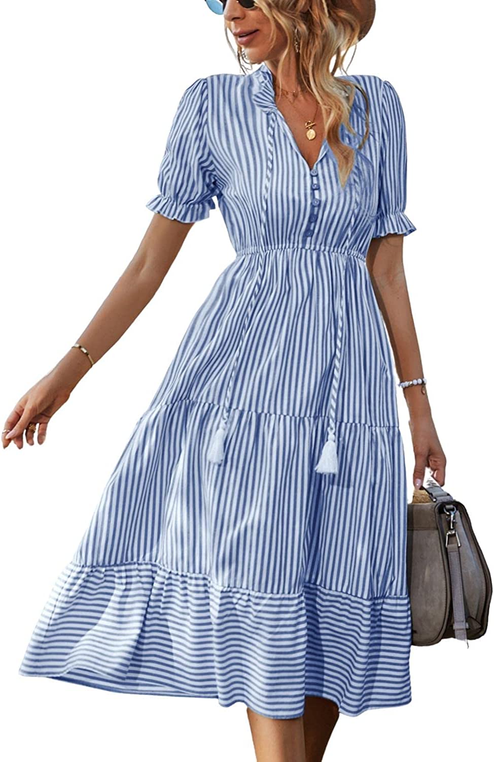 Women's Summer Ruffle Puff Sleeve Dress Short Sleeve V Neck High Waist Casual Loose Striped Midi Dresses