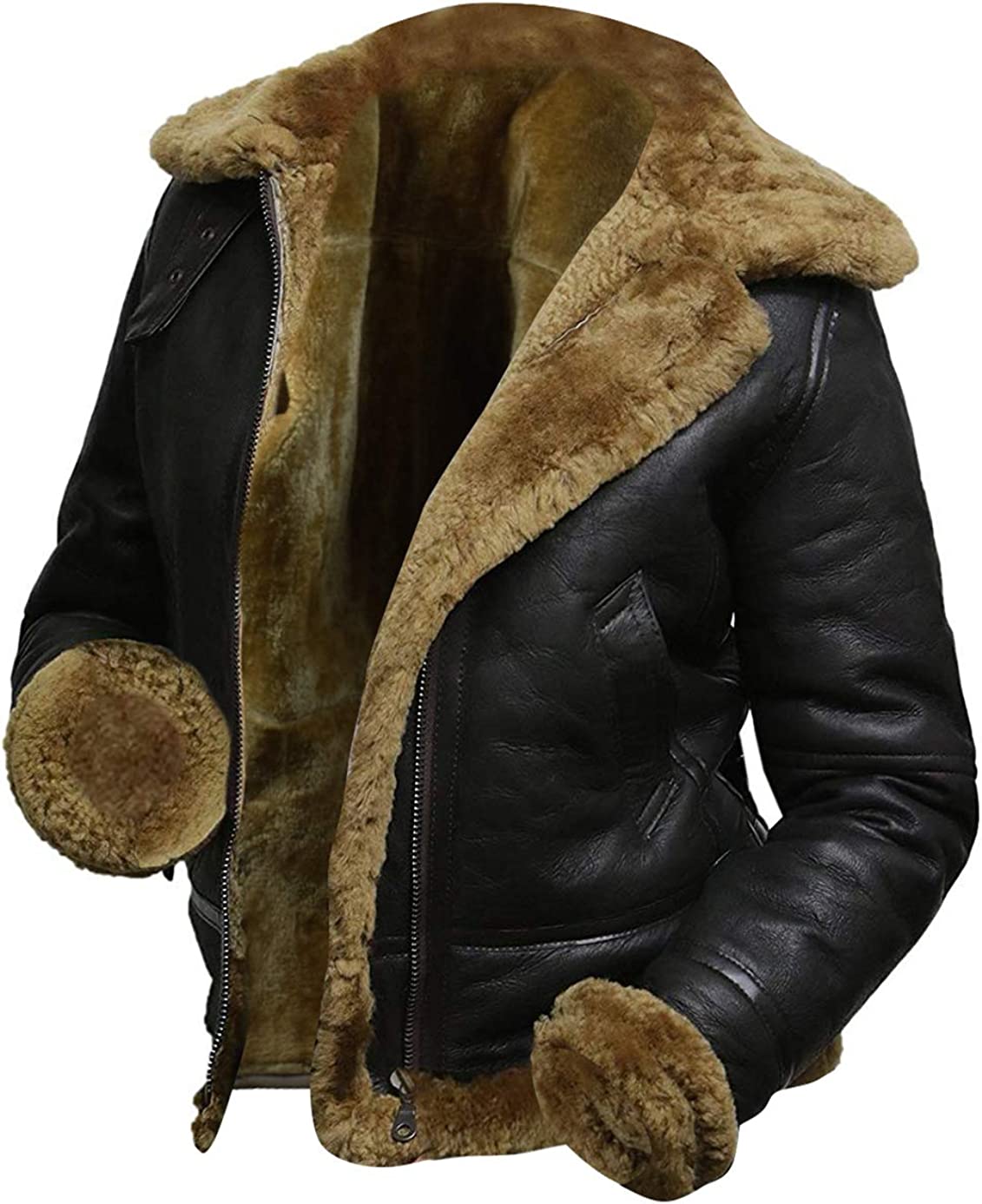 III-Fashions Womens B3 Fur Shearling Aviator Pilot Removable Hoodie Genuine Sheepskin Flight Bomber Brown Leather Jacket