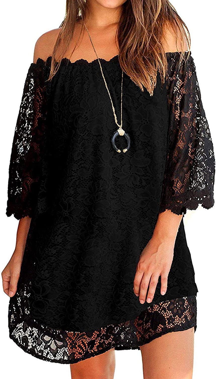 Women's Casual Off Shoulder Lace Shift Loose Mini Dress with 3/4 Sleeve
