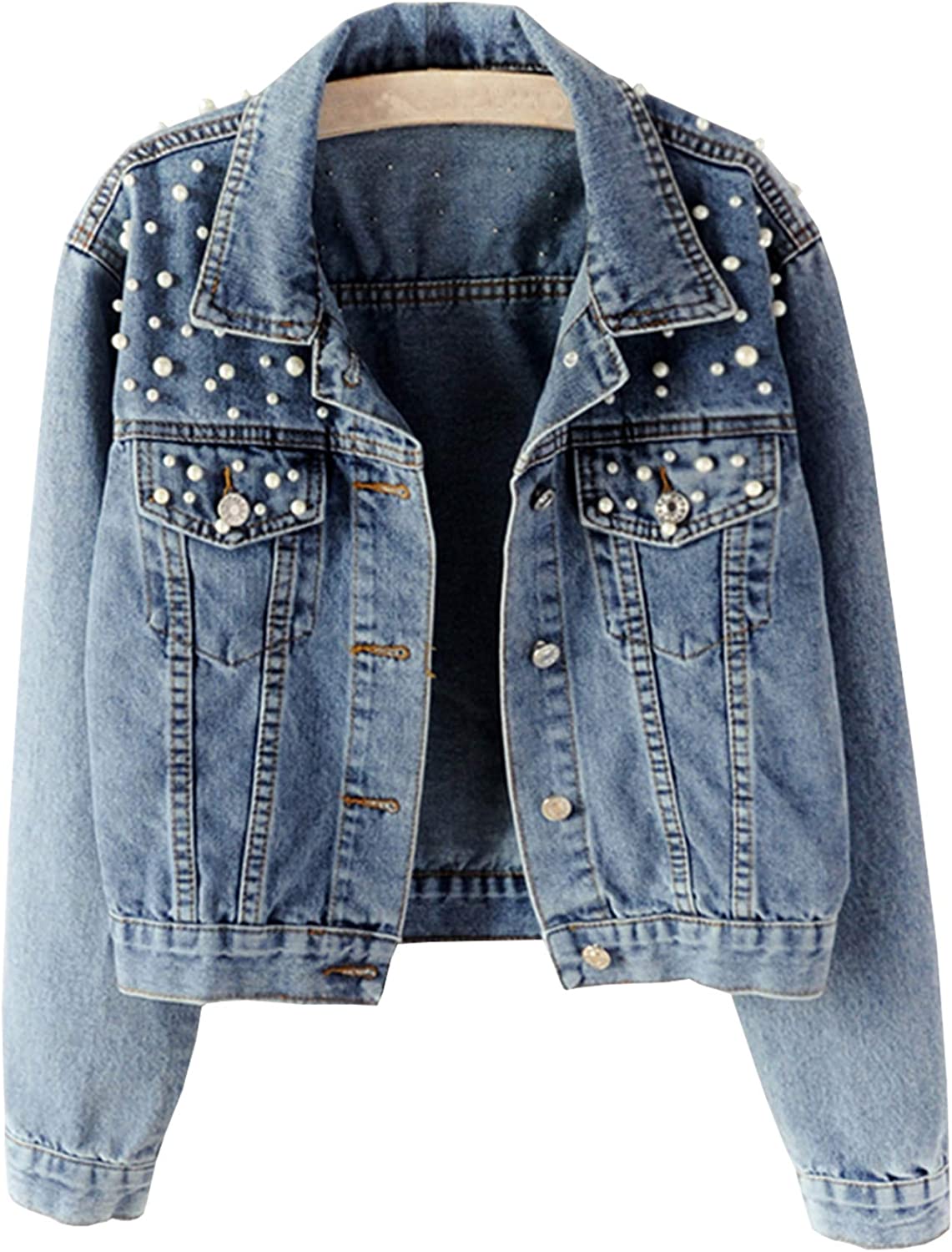 Ainangua Cropped Jean Jacket Women's Pearl Oversized Distressed Short Bridal Embroidered Beading Denim Jacket