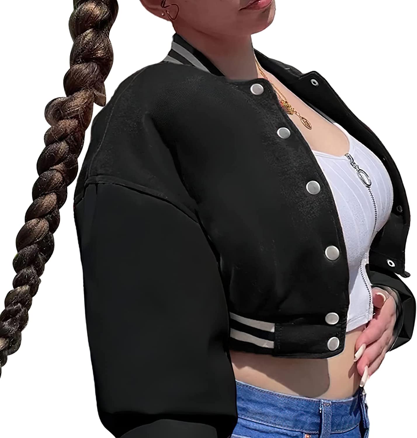 XASPEE Women's Casual Baseball Jacket Faux Leather Colorblock Button Crop Bomber Jacket