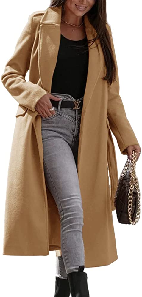 Vdnerjg Women Elegant Blend Wool Long Overcoat Notched Lapel Winter Coat with Pockets Belted