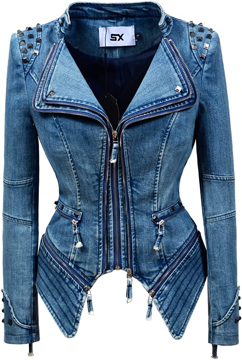 Fashion SX Womens Rivet Faux Leather Jacket Zipper Moto Biker Denim coat Motorcycle Outwear