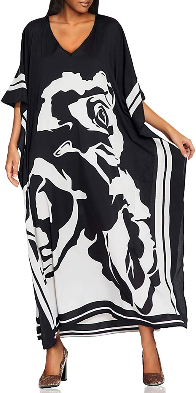 Black & White Floral Long Kaftan Kimono Maxi Dress Plus Size Caftan Gown Nightdress Kimono for Women