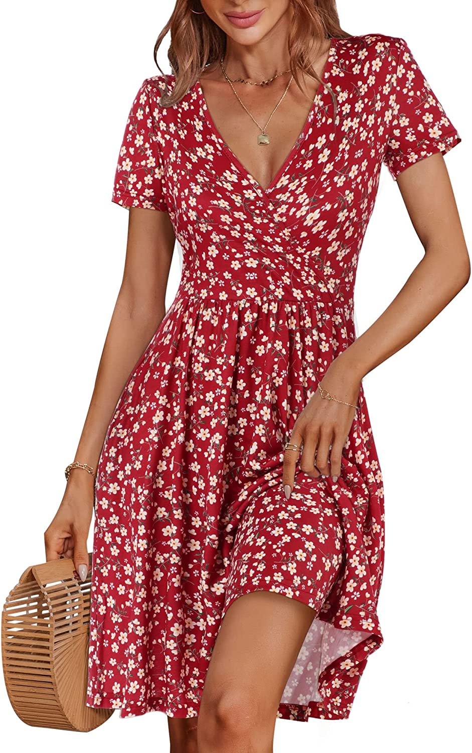 Women's Summer Casual Short Sleeve Wrap V Neck Floral Dress with Pockets