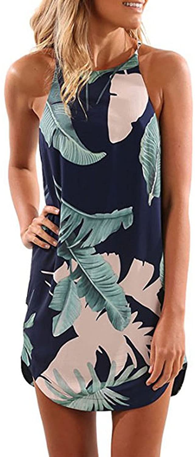 Womens Halter Palm Leaf Floral Casual Dresses Summer Beach Dress Sleeveless Short Sundresses XS-XL