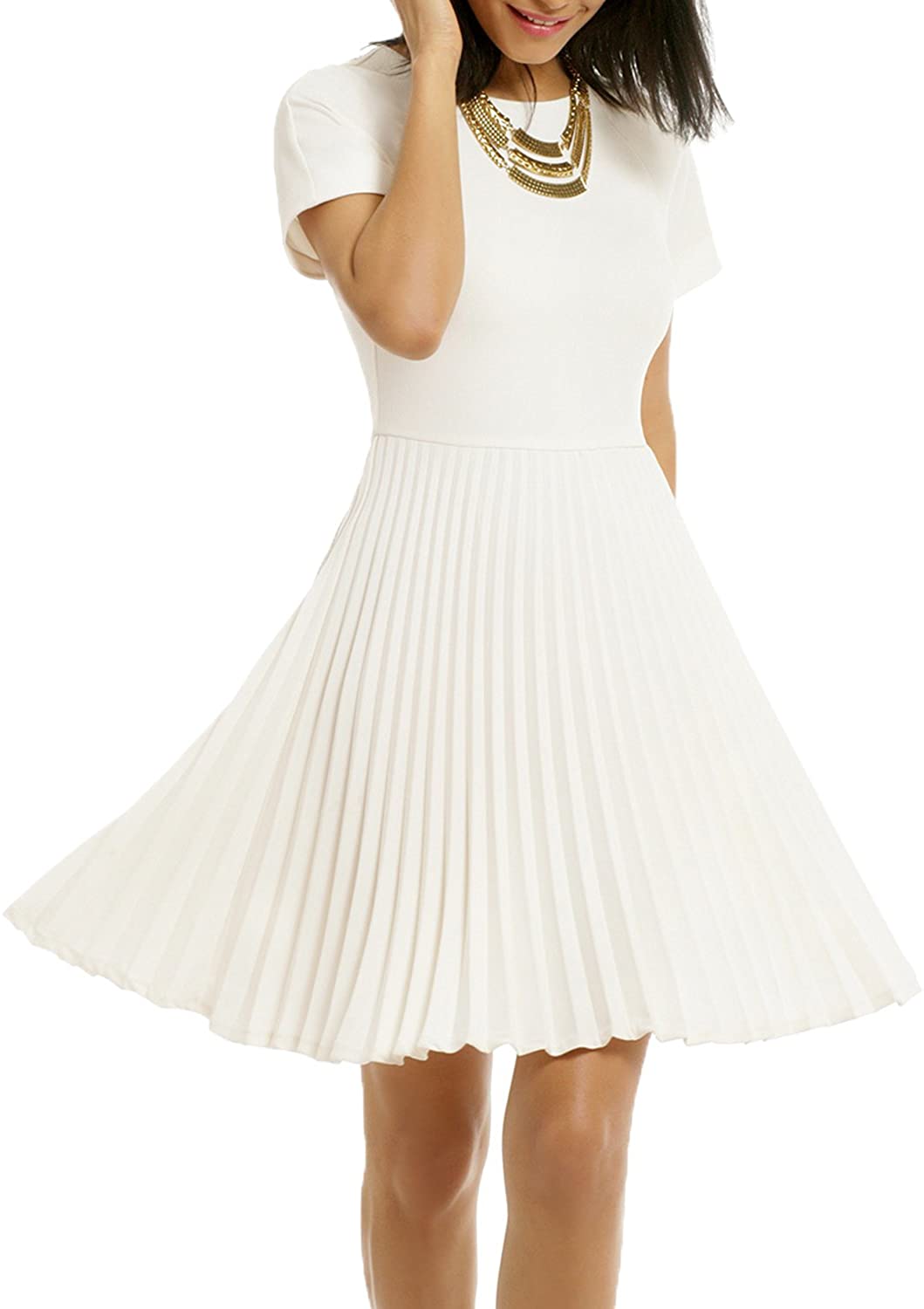 Women's Elegant Pleated Short Sleeves Cocktail Party Swing Dress