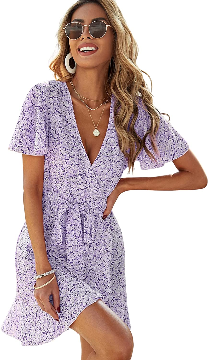 Women's Floral Tie Front Ruffle Mini Dress V Neck Short Sleeve A Line Flare Dresses